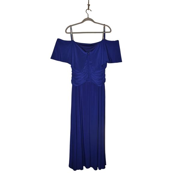 R&M‎ RICHARDS NEW $139 Blue Off-Shoulder Ruched Maxi Dress Rhinestone Straps 16W - Picture 2 of 3